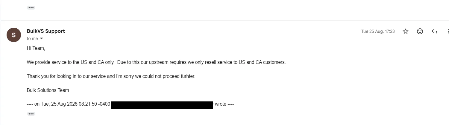 BulkVS support email confirming they only serve US and CA customers